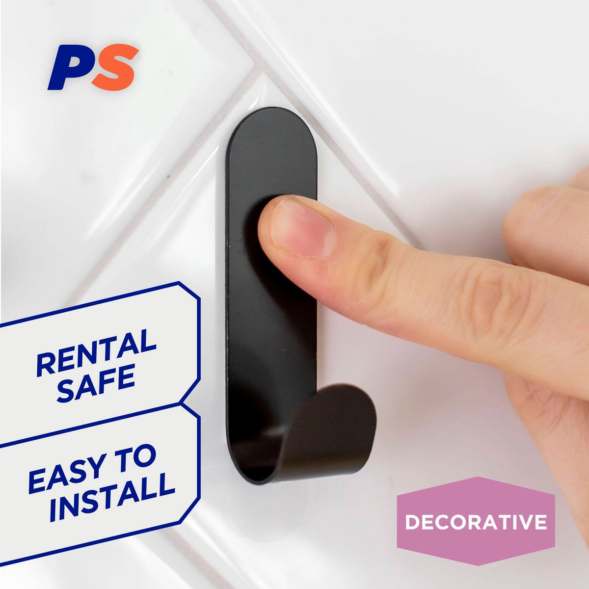 Permastik Medium Black Metal Hooks 3 Pack - 18mm x 70mm - Black