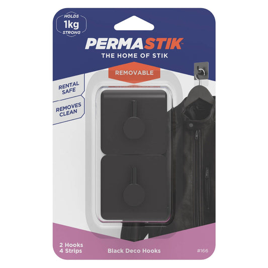 Permastik Black Deco Hooks Holds 1kg 2 Pack