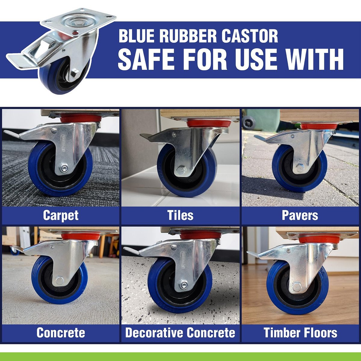 Easyroll Fixed Castor - 75mm - Blue Elastic Rubber - Non-Marking