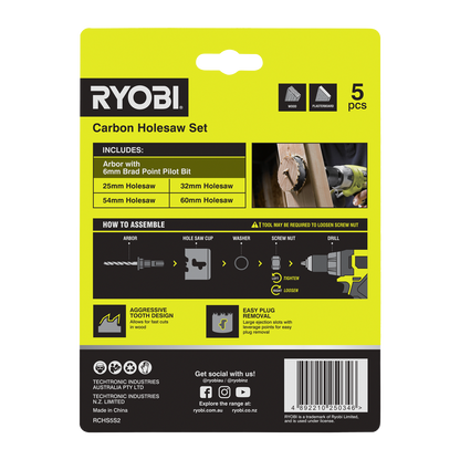 Ryobi Carbon Holesaw Set - 25-60mm - 5 Piece