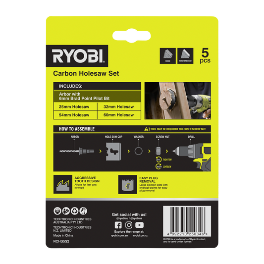 Ryobi Carbon Holesaw Set 25mm 32mm 54mm 60mm 5 Piece