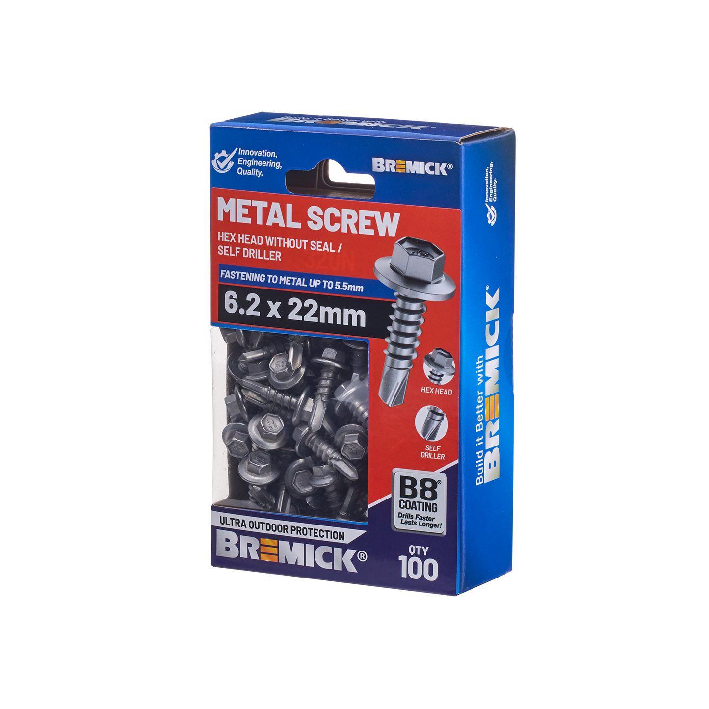Bremick Metal Hex Screw - 6.2 x 22mm - 100 Pack