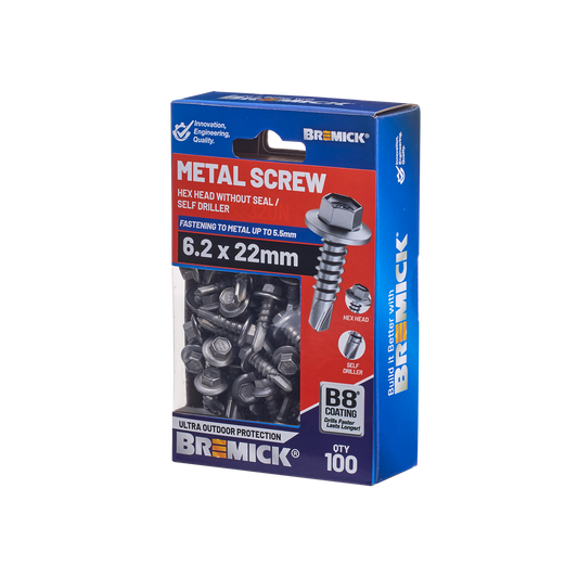 Bremick Metal Hex Screw - 6.2 x 22mm - 100 Pack
