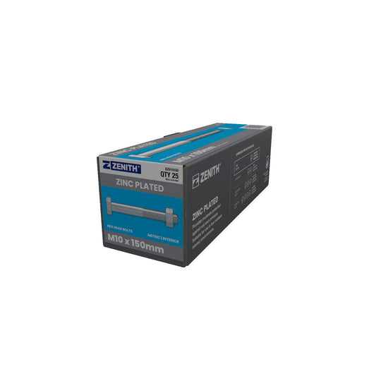 Zenith M10 x 150mm Zinc Plated Hex Head Bolts and Nuts - 25 Pack
