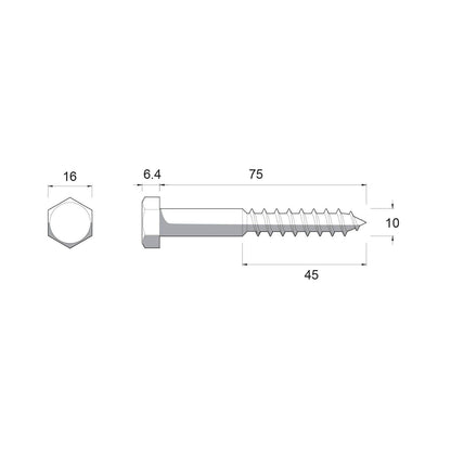 Zenith Hot Dip Galvanised Hex Head Coach Screws - M10 x 75mm - 25 Pack