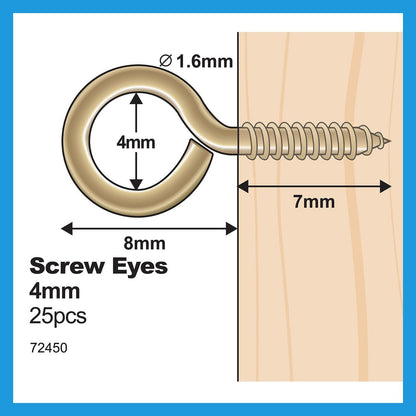 Everhang Screw Eyes - 4mm - Brass - Light Duty - 25 Pack