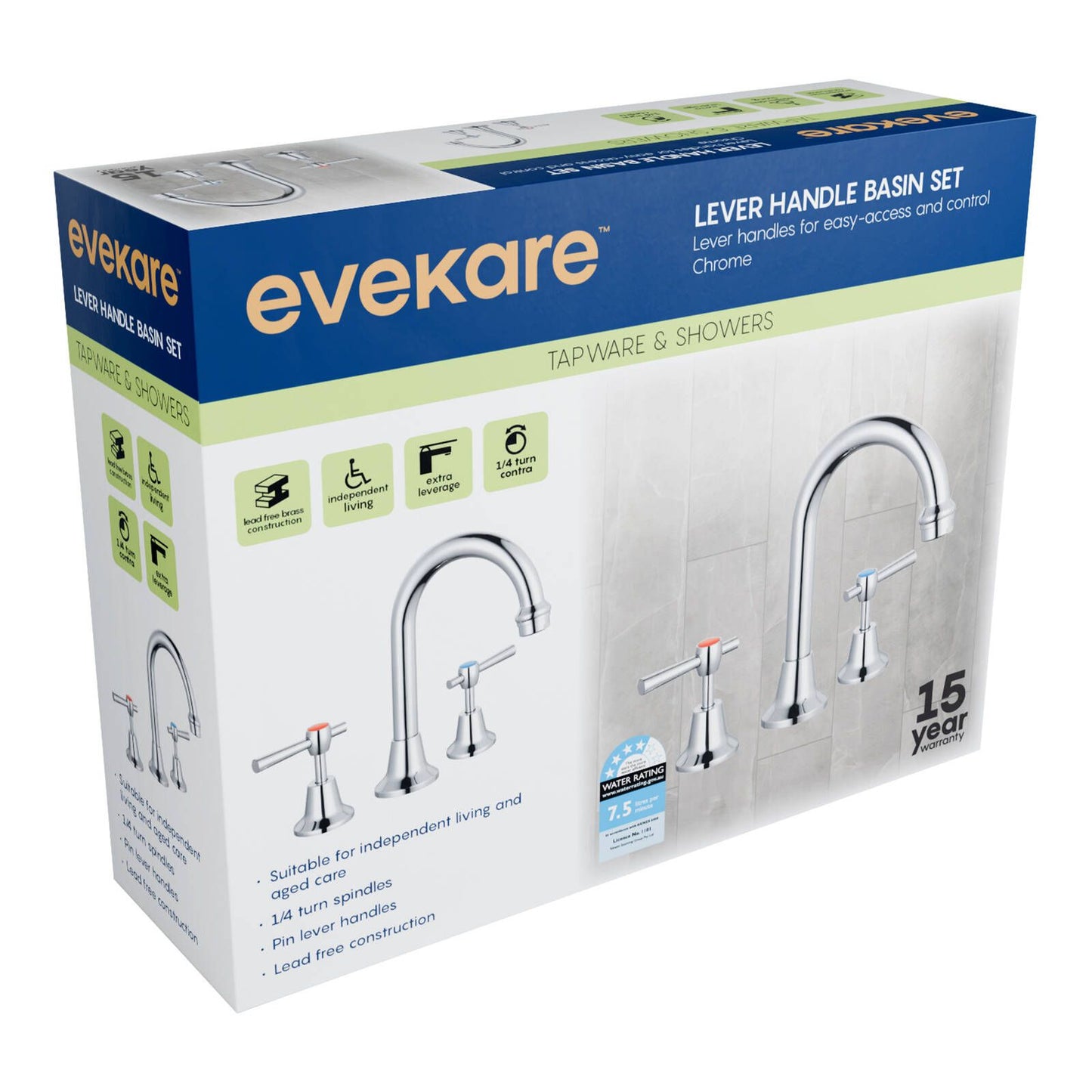 Evekare Chrome 1/4 Turn Pin Lever Basin Set - 200mm