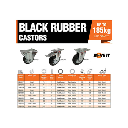 Move It 75mm Black Rubber Swivel Plate Castor 50kg Load Capacity