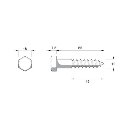 Zenith Hot Dip Galvanised Hex Head Coach Screws - M12 x 65mm - 12 Pack