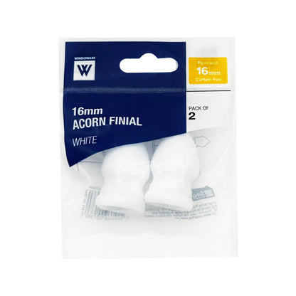 Windoware White Acorn Decorative Curtain Rod End - 16mm - 2 Pack