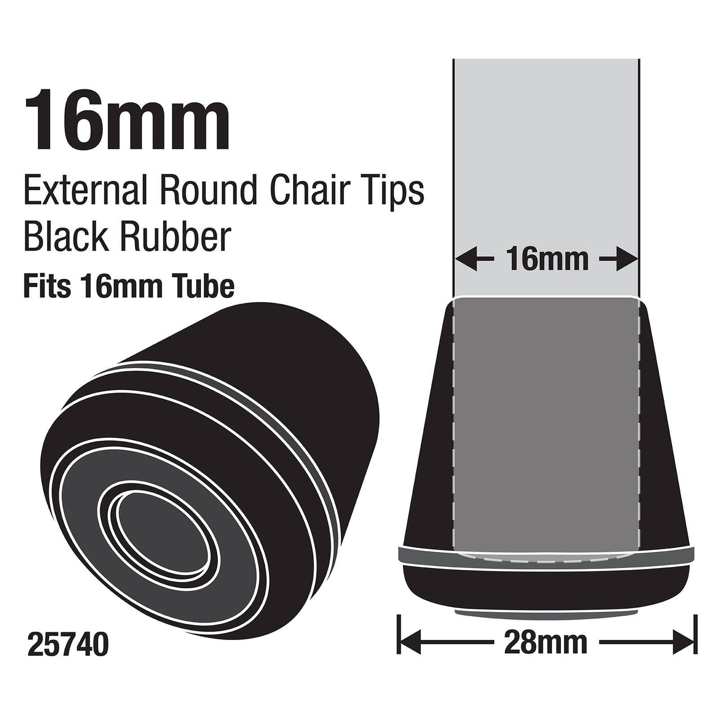 Surface Gard Black Round Rubber Chair Tips - 16mm - 4 Pack