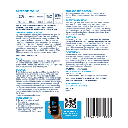 Hy-Clor Algaecide 2L Benzalkonium Chloride Fast Acting Pool Treatment