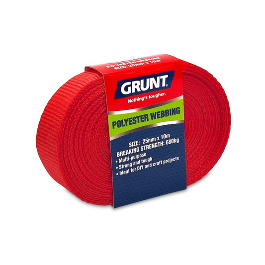 Grunt 25mm x 10m Red Poly Webbing - Strong Polyester - 680kg Strength