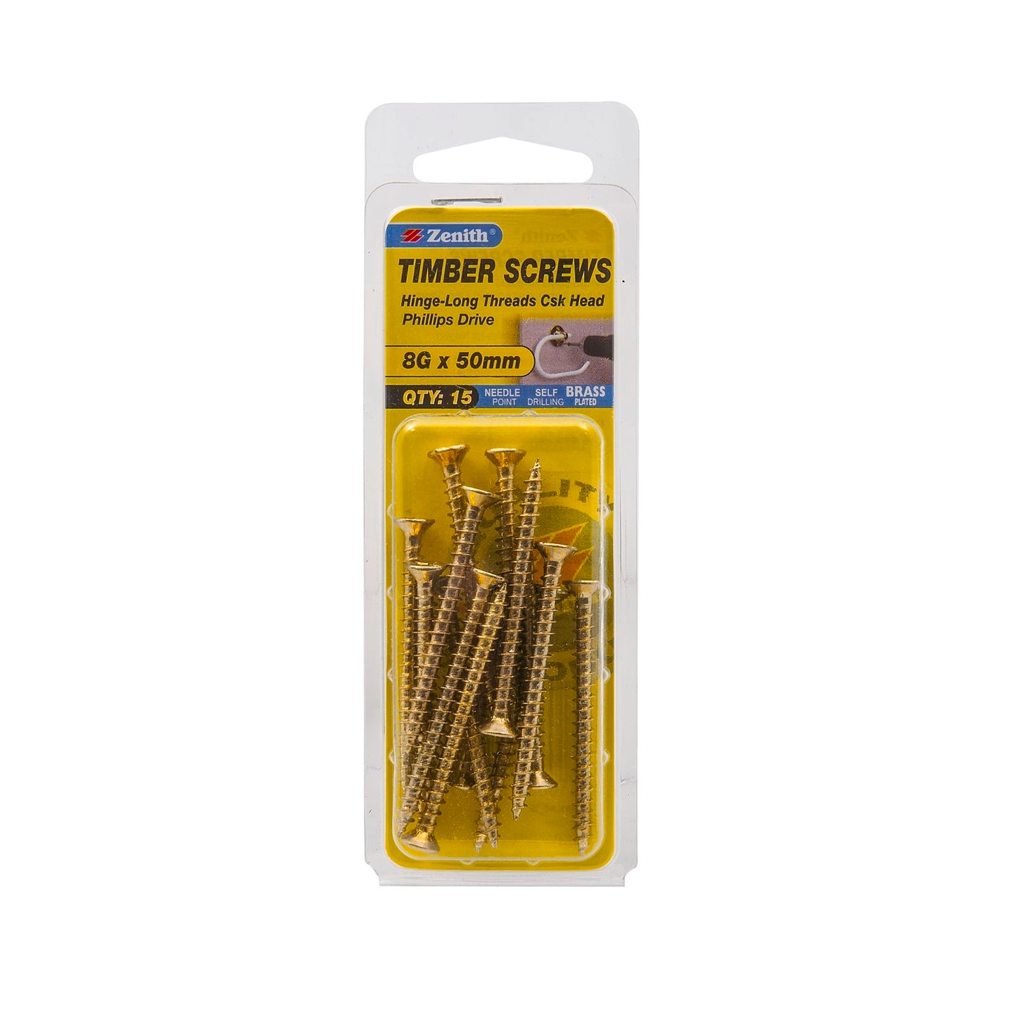 Zenith Brass Plated Hinge Screws - 8g x 50mm - 15 Pack