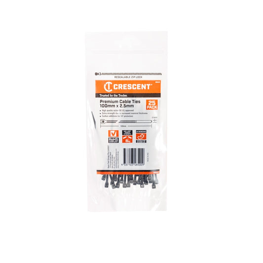 Crescent Black Cable Ties - 100 x 2.5mm - 25 Pack