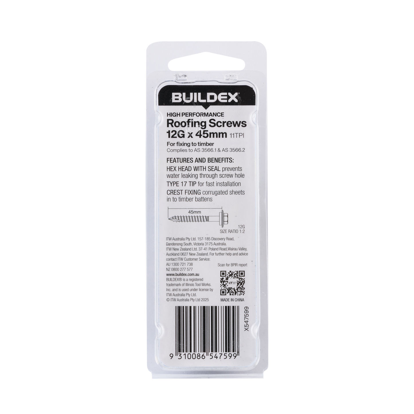 Buildex Cladding Screws - 12g x 45mm - 10 Pack