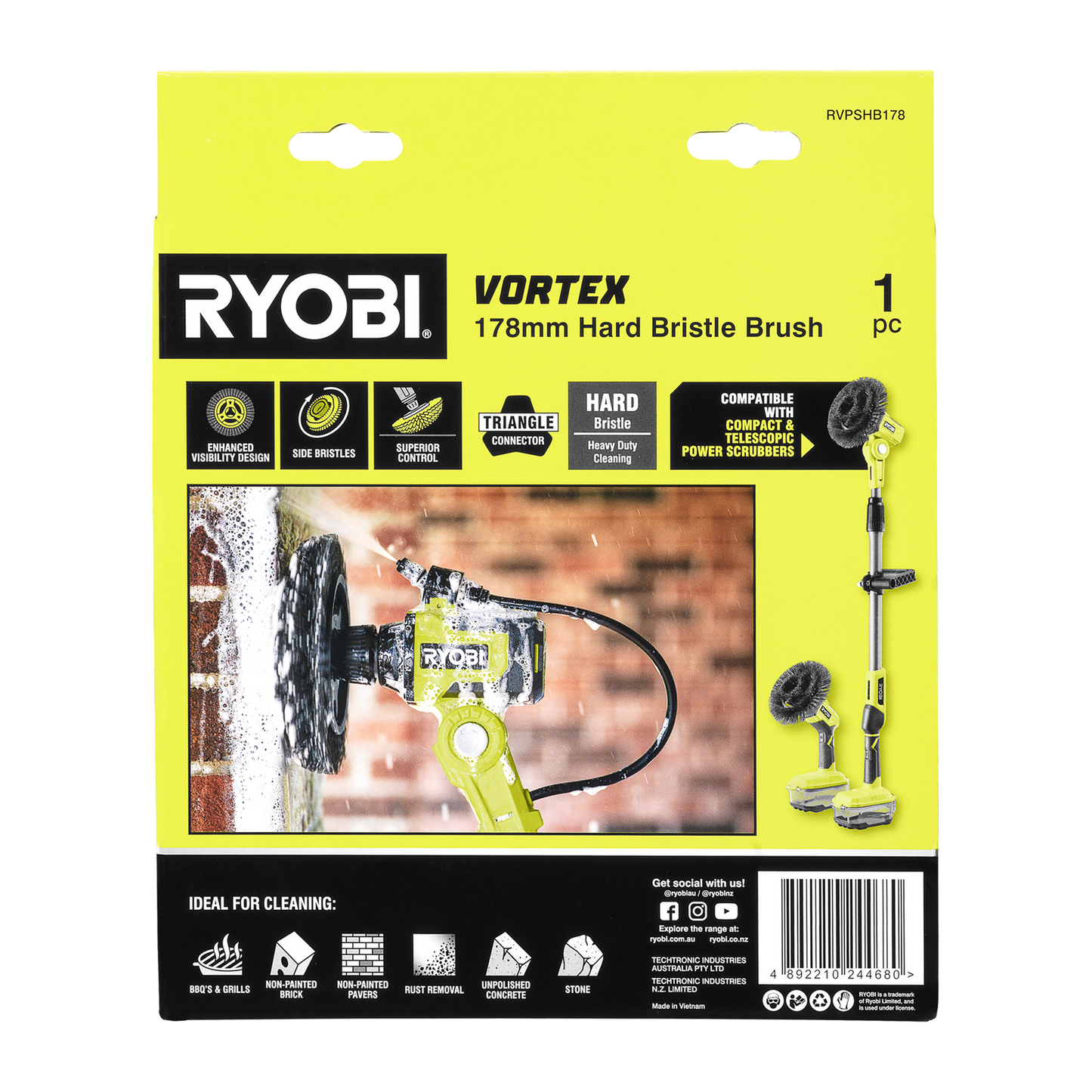 Ryobi Hard Bristle Power Scrubber Brush - 178mm