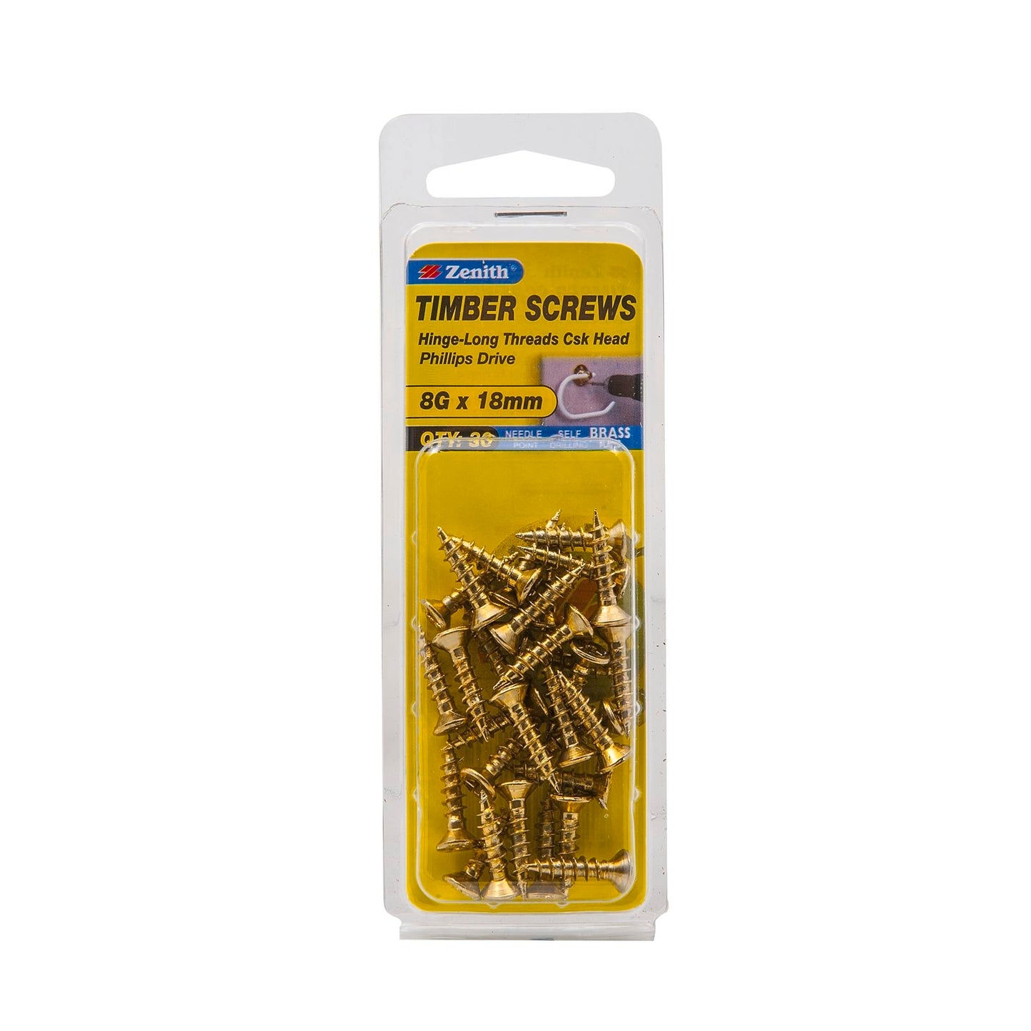 Zenith Timber Screws - 8g x 20mm - Brass - 30 Pack
