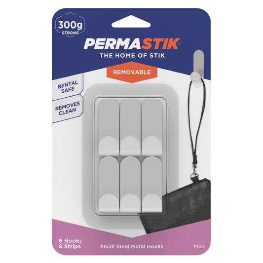 Permastik Small Steel Hooks Holds 300g 6 Pack