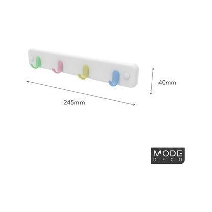 Mode Key Rack - 4 Pastel Hooks - White Board - Durable - Easy Install