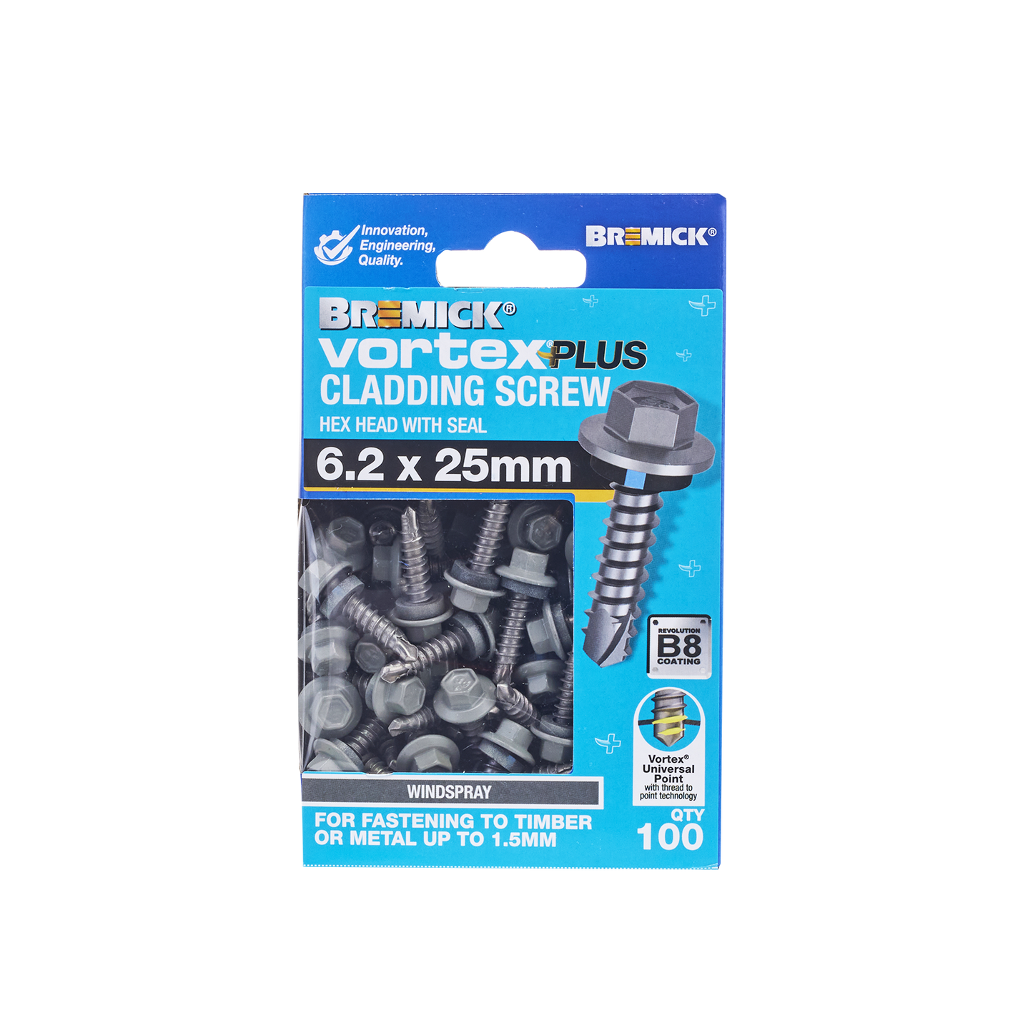 Bremick Vortex Plus Cladding Screw - 6.2 x 25mm - Hex Head - 100 Pack