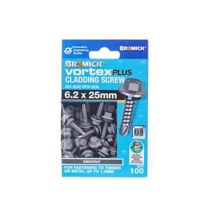 Bremick Vortex Plus Cladding Screw - 6.2 x 25mm - Hex Head - 100 Pack