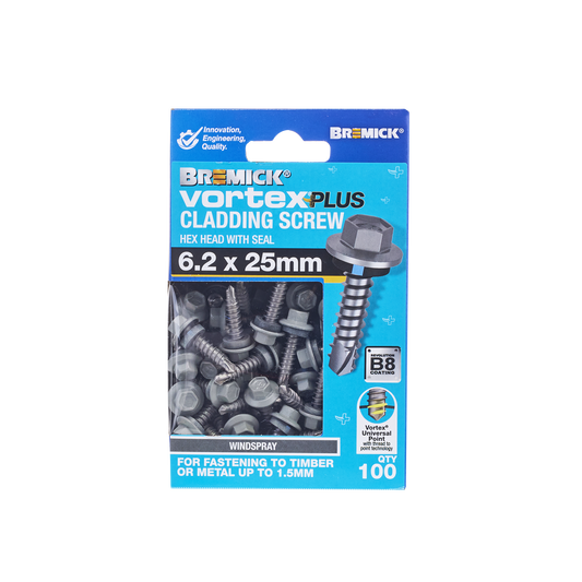 Bremick Vortex Plus Cladding Screw - 6.2 x 25mm - Hex Head - 100 Pack