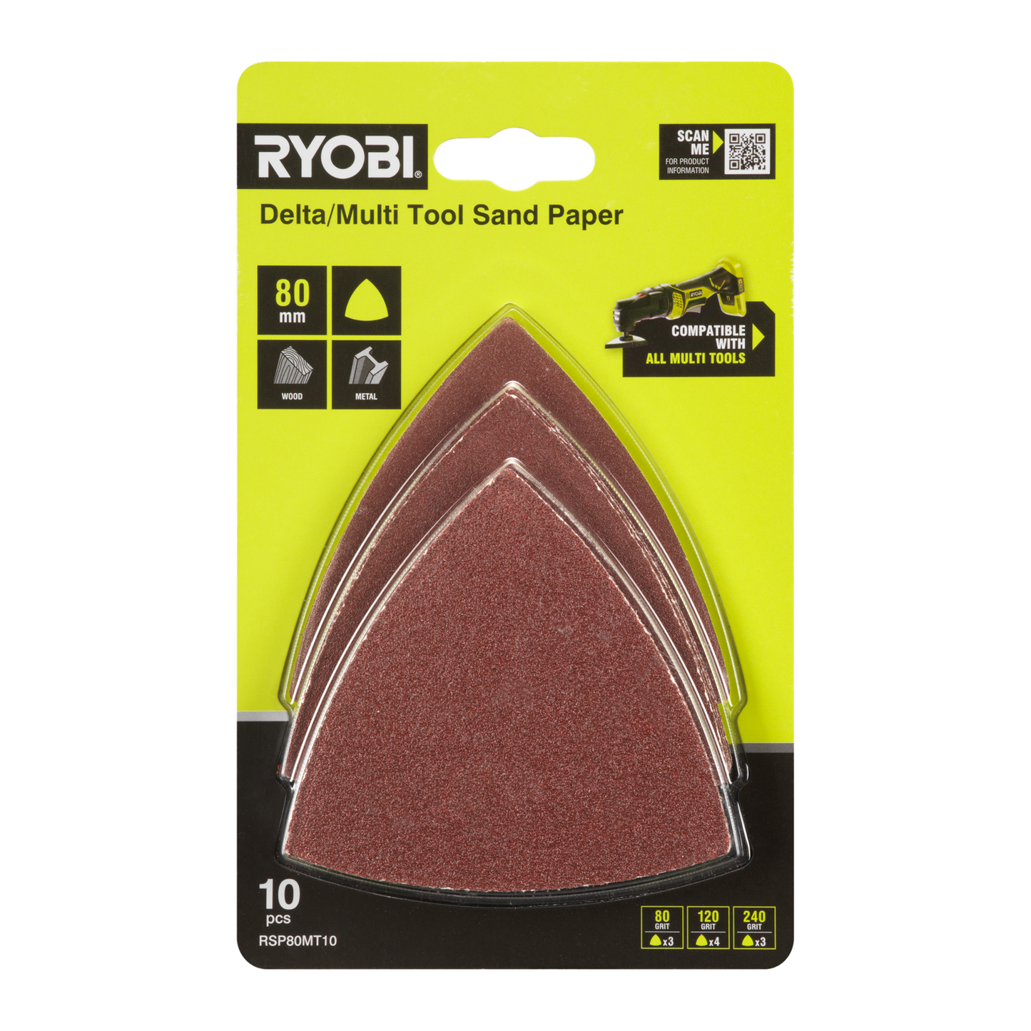 Ryobi Delta Multi Tool Sanding Set - 80mm - 80/120/240 Grit - 10 Piece