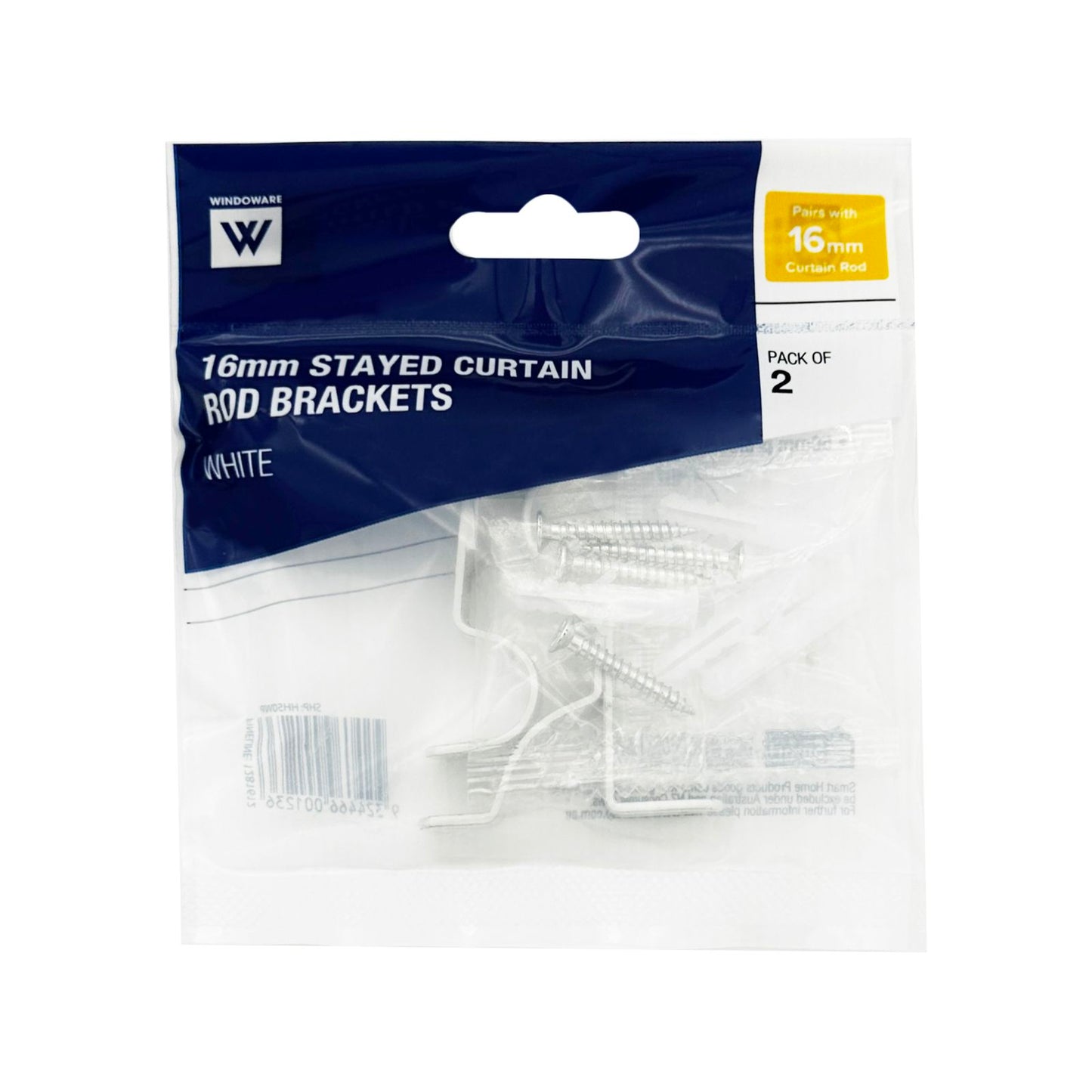 Windoware Single Stayed Curtain Rod Bracket - 50mm - 2 Pack - White