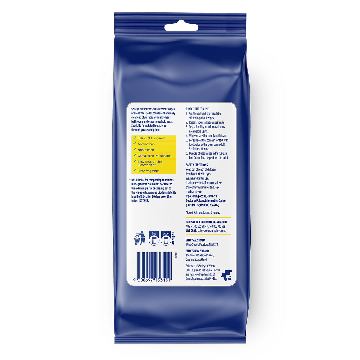 Selleys Complete Clean Biodegradable Disinfectant Wipes - 110 Pack