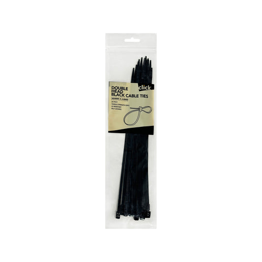 Click Double Headed Black Cable Tie - 300mm, 25 Pack