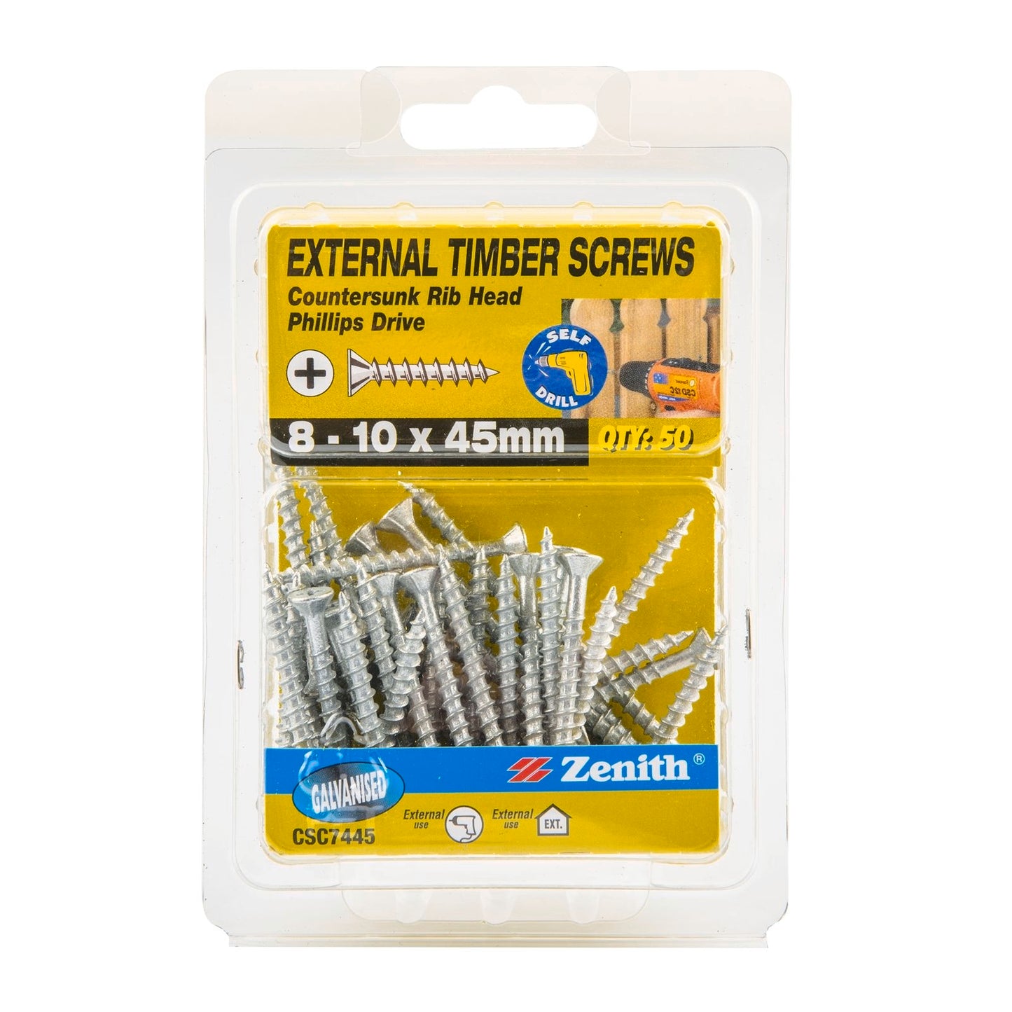 Zenith Timber Screws - 10 x 45mm - Galvanised Ribbed - 50 Pack