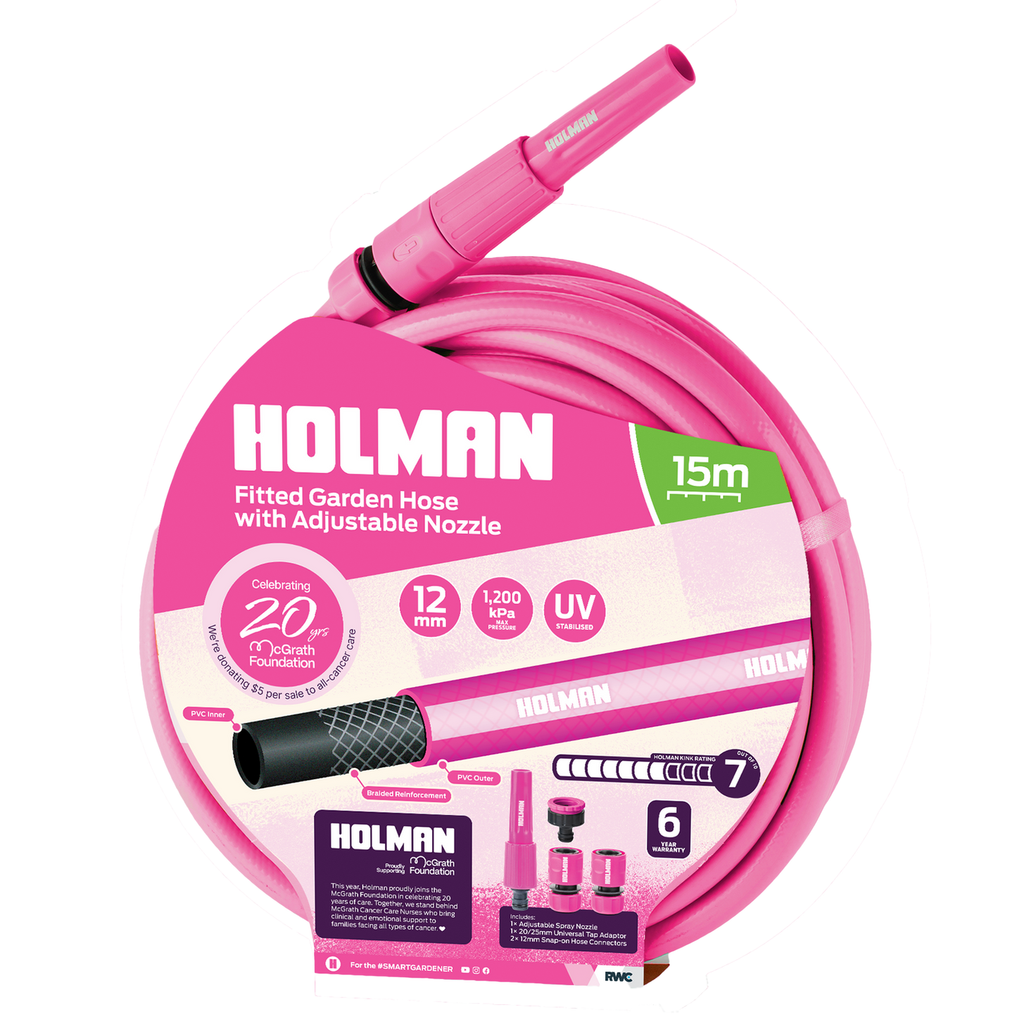 Holman Fitted Garden Hose with Adjustable Nozzle Set - 12mm x 15m - Pink