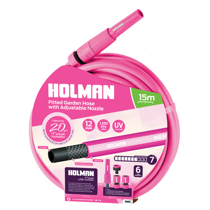 Holman Fitted Garden Hose with Adjustable Nozzle Set - 12mm x 15m - Pink