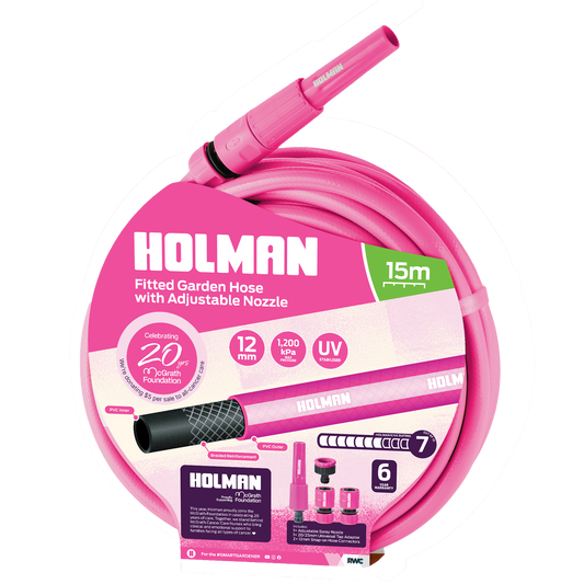 Holman Fitted Garden Hose with Adjustable Nozzle Set - 12mm x 15m - Pink