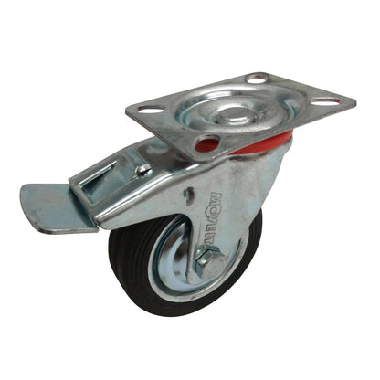 Move It 75mm Black Rubber Swivel Plate Castor with Brake 50kg Capacity