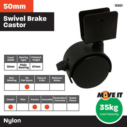 Move It Nylon U Bracket Swivel Plate Castor - 50mm - 2 Pack