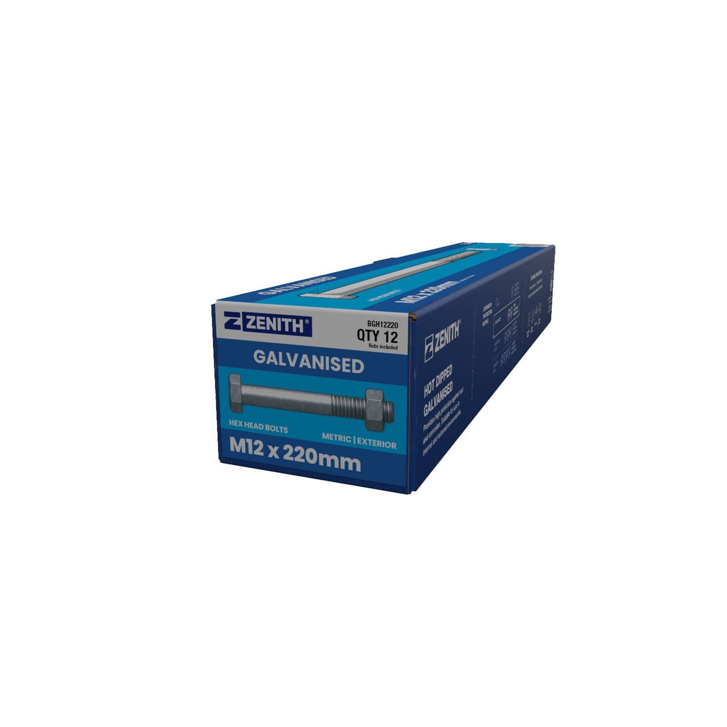 Zenith Hot Dip Galvanised Hex Head Bolts - M12 x 220mm - 12 Pack