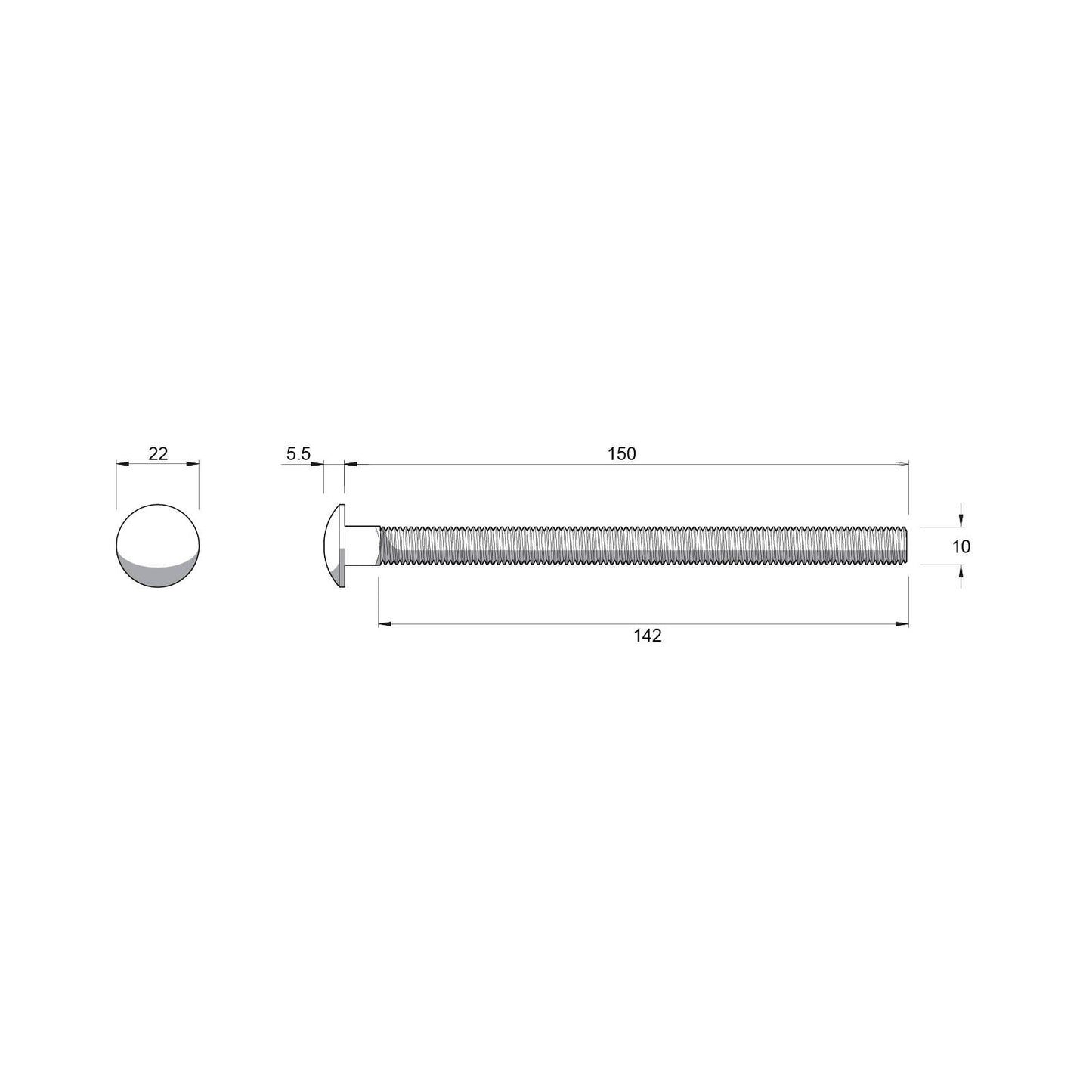 Zenith Cup Head Bolt - M10 x 150mm - Stainless Steel 304