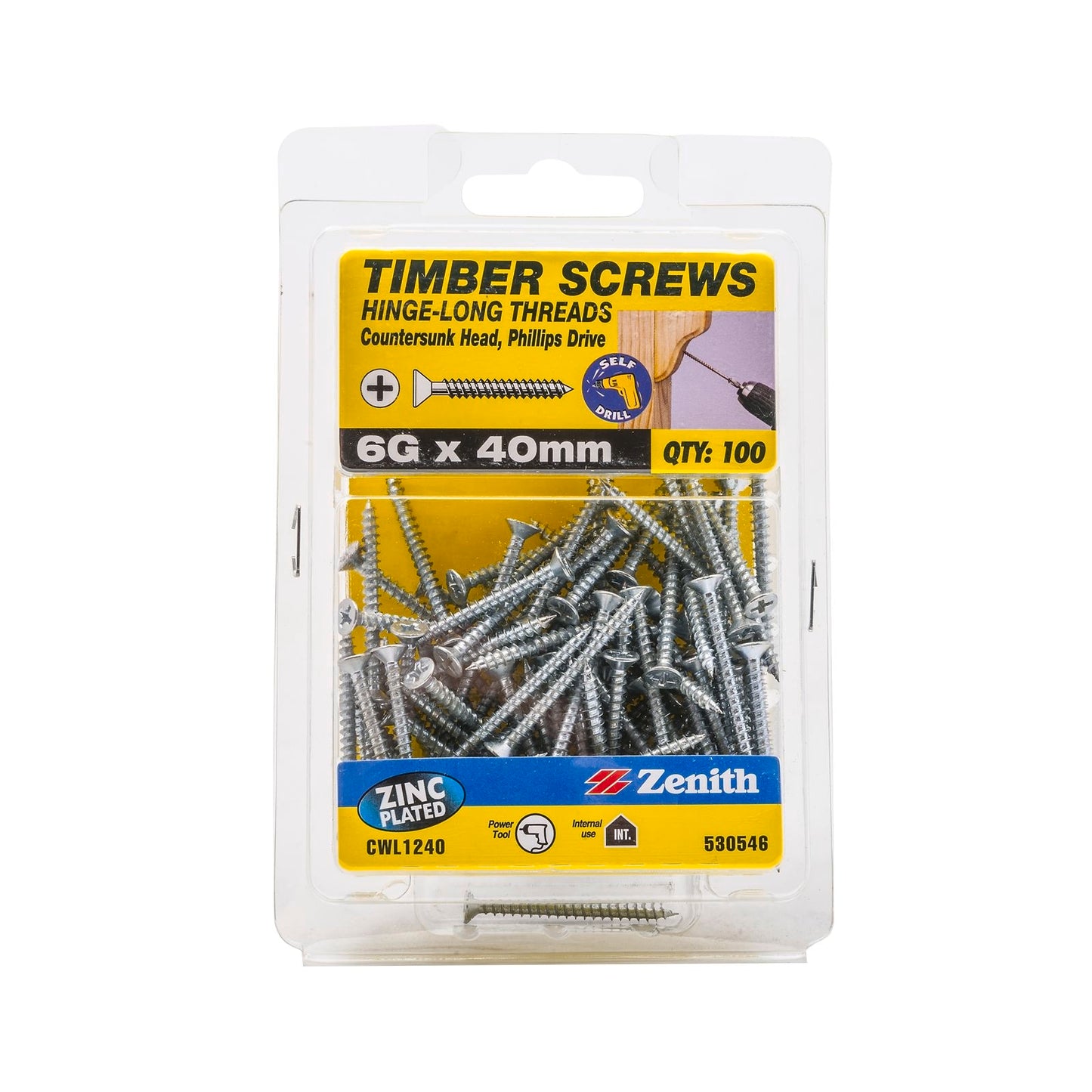 Zenith Timber Screws - 6g x 40mm - Zinc - 100 Pack