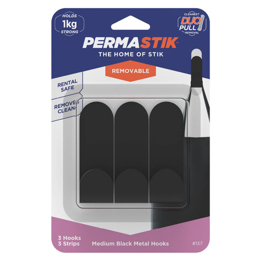 Permastik Medium Black Metal Hooks Holds 1kg 3 Pack