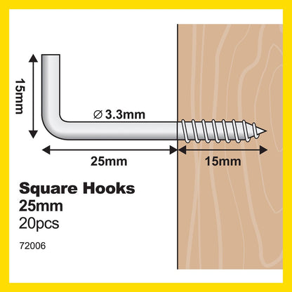 Everhang 25mm Zinc Plated Square Hook 20 Pack - Steel - Silver - 15kg Load