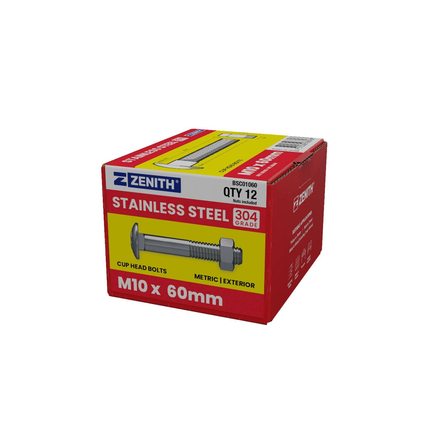 Zenith Stainless Steel 304 Cup Head Bolts - M10 x 60mm - 12 Pack