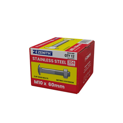 Zenith Stainless Steel 304 Cup Head Bolts - M10 x 60mm - 12 Pack