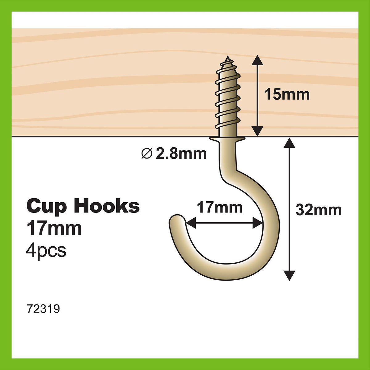 Everhang Cup Hooks - 18mm - Brass Plated - Easy Installation - 4 Pack