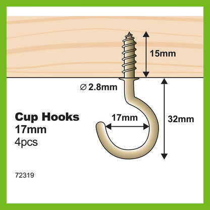 Everhang Cup Hooks - 18mm - Brass Plated - Easy Installation - 4 Pack