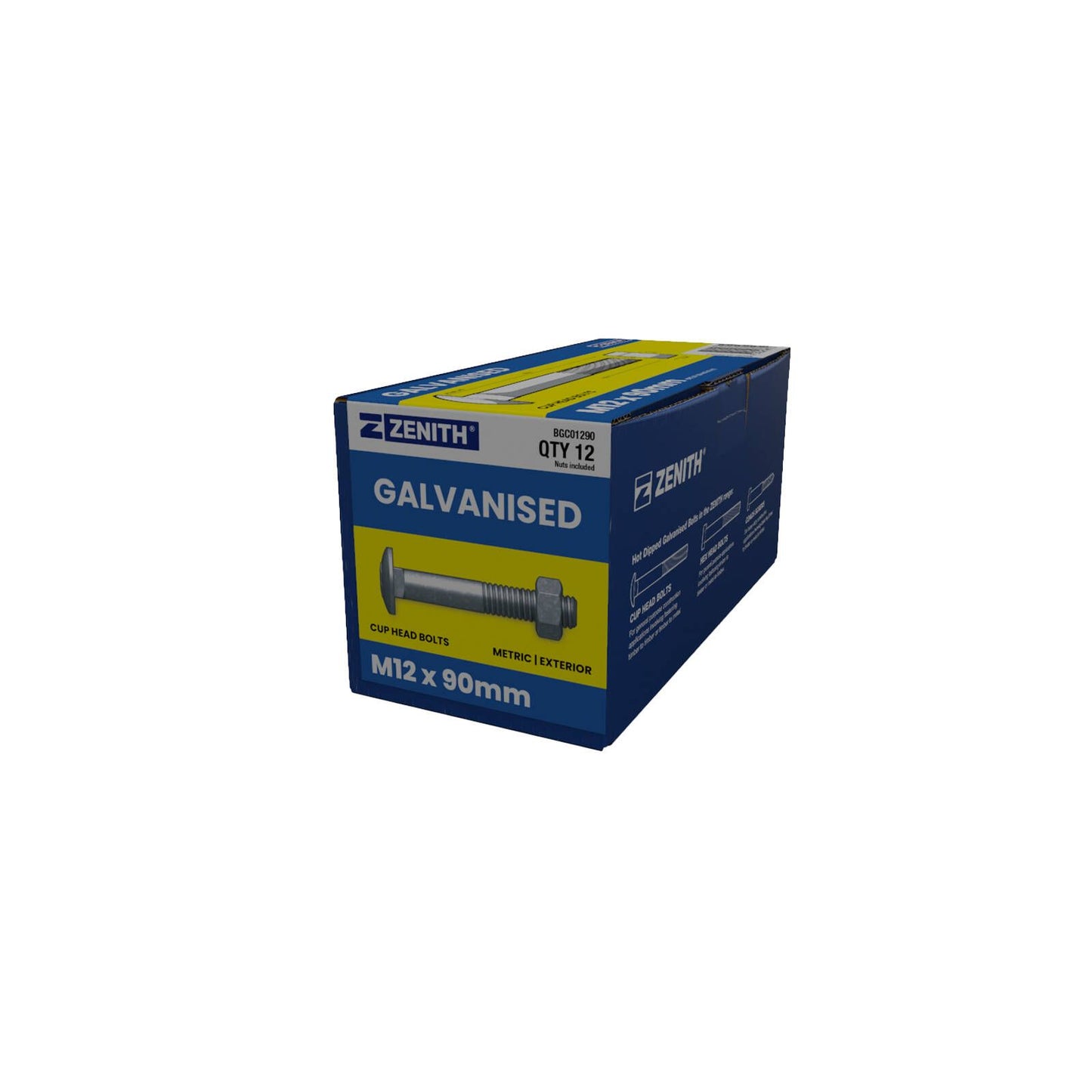 Zenith M12 x 90mm - Hot Dip Galvanised Cup Head Bolts & Nuts - 12 Pack