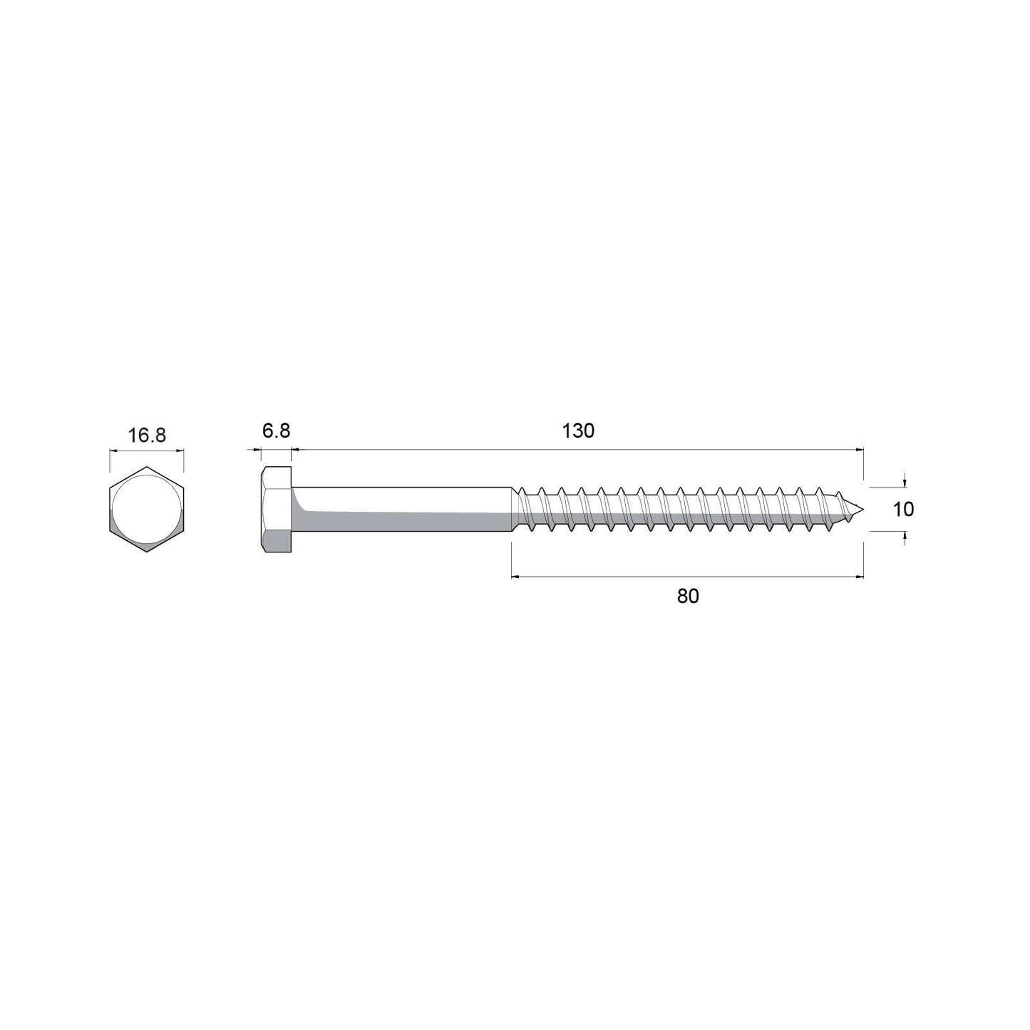 Zenith Hex Head Coach Screws - M10 x 130mm - Stainless Steel - 12 Pack