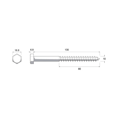 Zenith Hex Head Coach Screws - M10 x 130mm - Stainless Steel - 12 Pack