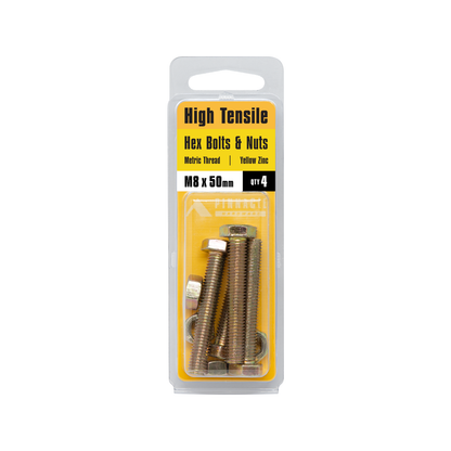 Pinnacle Hex Bolt and Nut - M8 x 50mm - Yellow - 4 Pack
